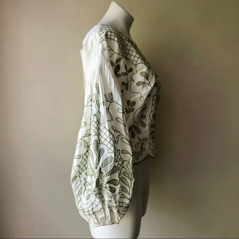 Anthropologie Puff-Sleeve Embroidered Blouse, M NWT